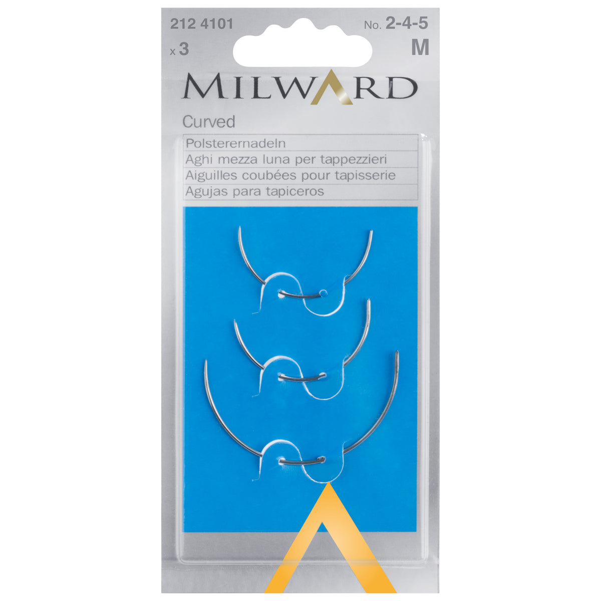 Three Milward curved needles in packet