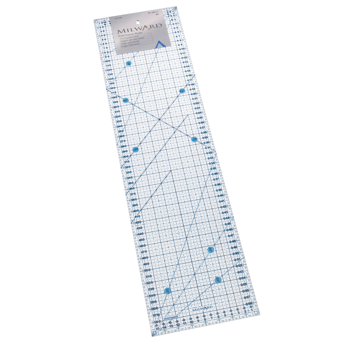Rectangular patchwork ruler with two-colour metric grid