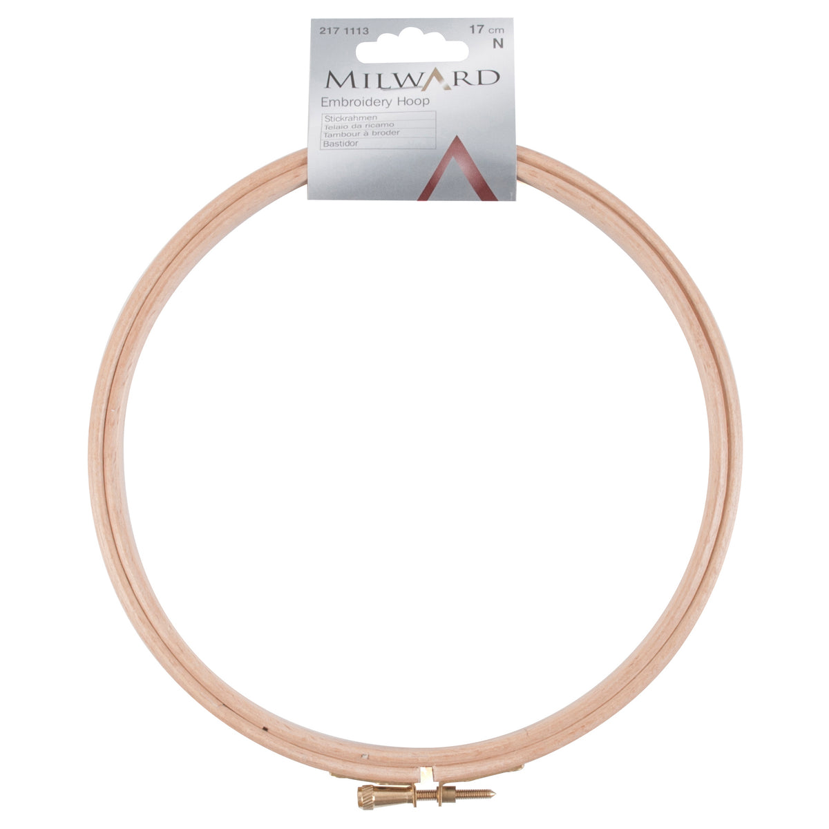 Round wooden embroidery hoop with brass adjusting screw