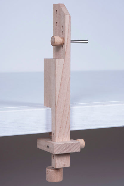 Two wooden Milward table clamp pieces for a tapestry frame
