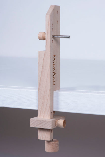 Two wooden Milward table clamp pieces for a tapestry frame