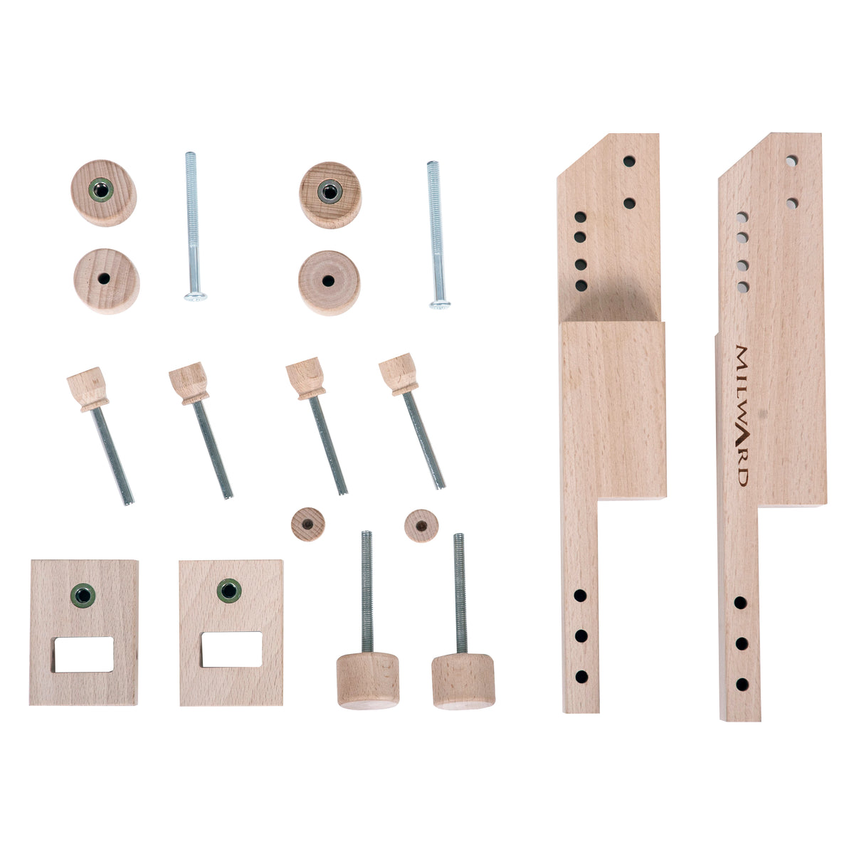 Two wooden Milward table clamp pieces for a tapestry frame