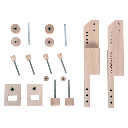 Two wooden Milward table clamp pieces for a tapestry frame