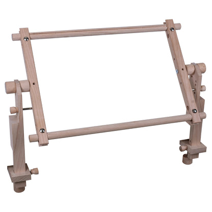 Two wooden Milward table clamp pieces for a tapestry frame