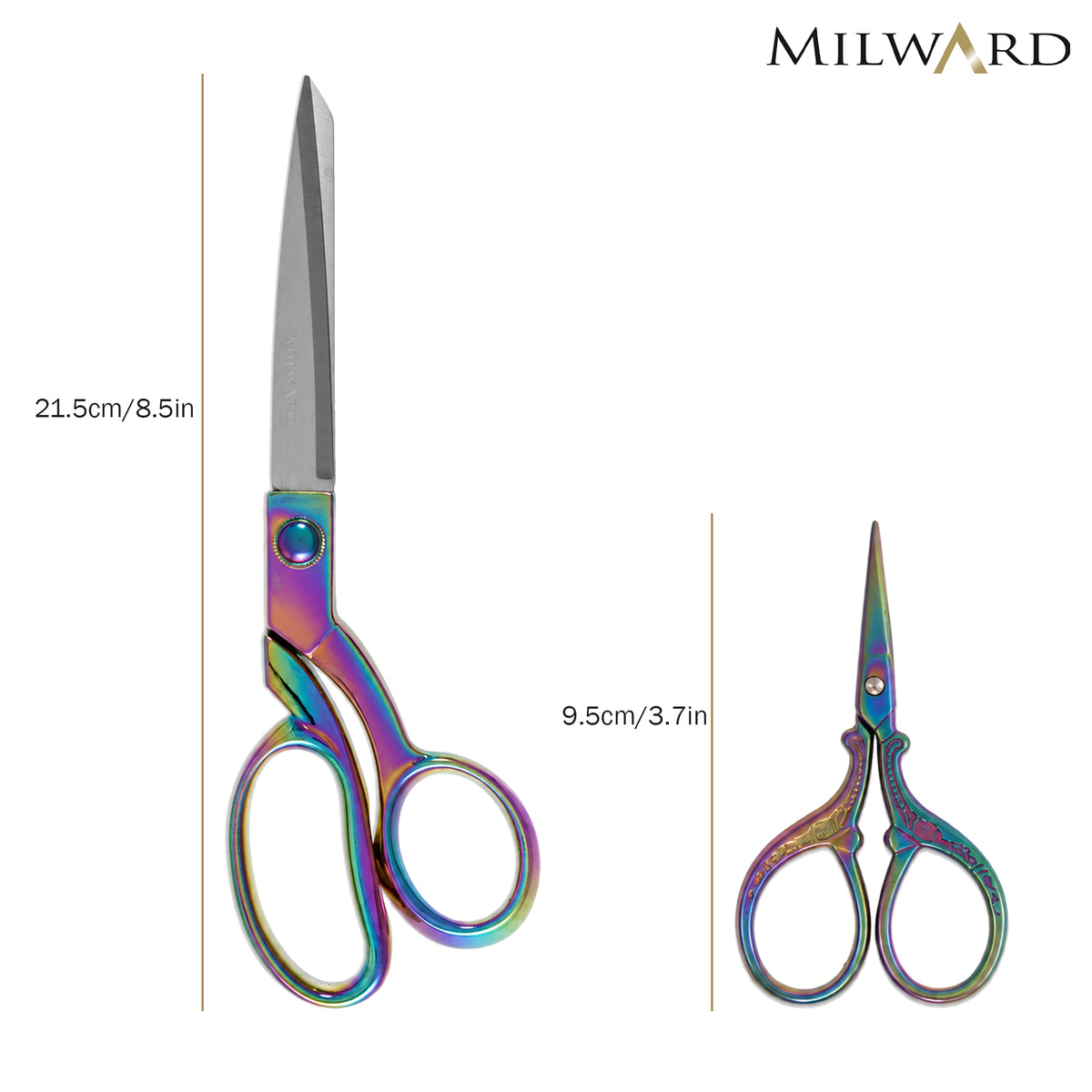 Rainbow finish dressmaking and embroidery scissors with thimble and pins