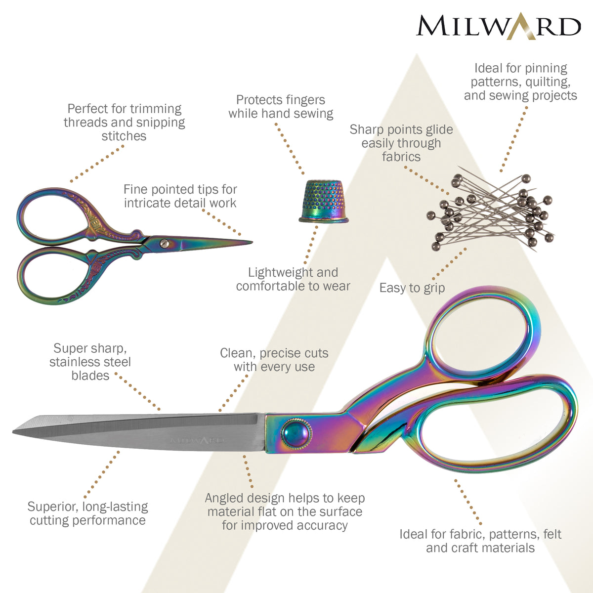 Rainbow finish dressmaking and embroidery scissors with thimble and pins