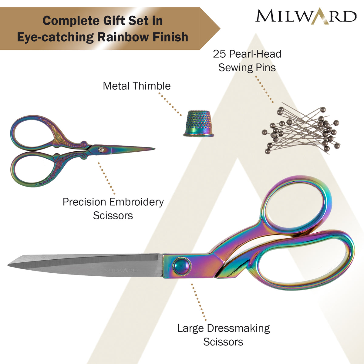 Rainbow finish dressmaking and embroidery scissors with thimble and pins