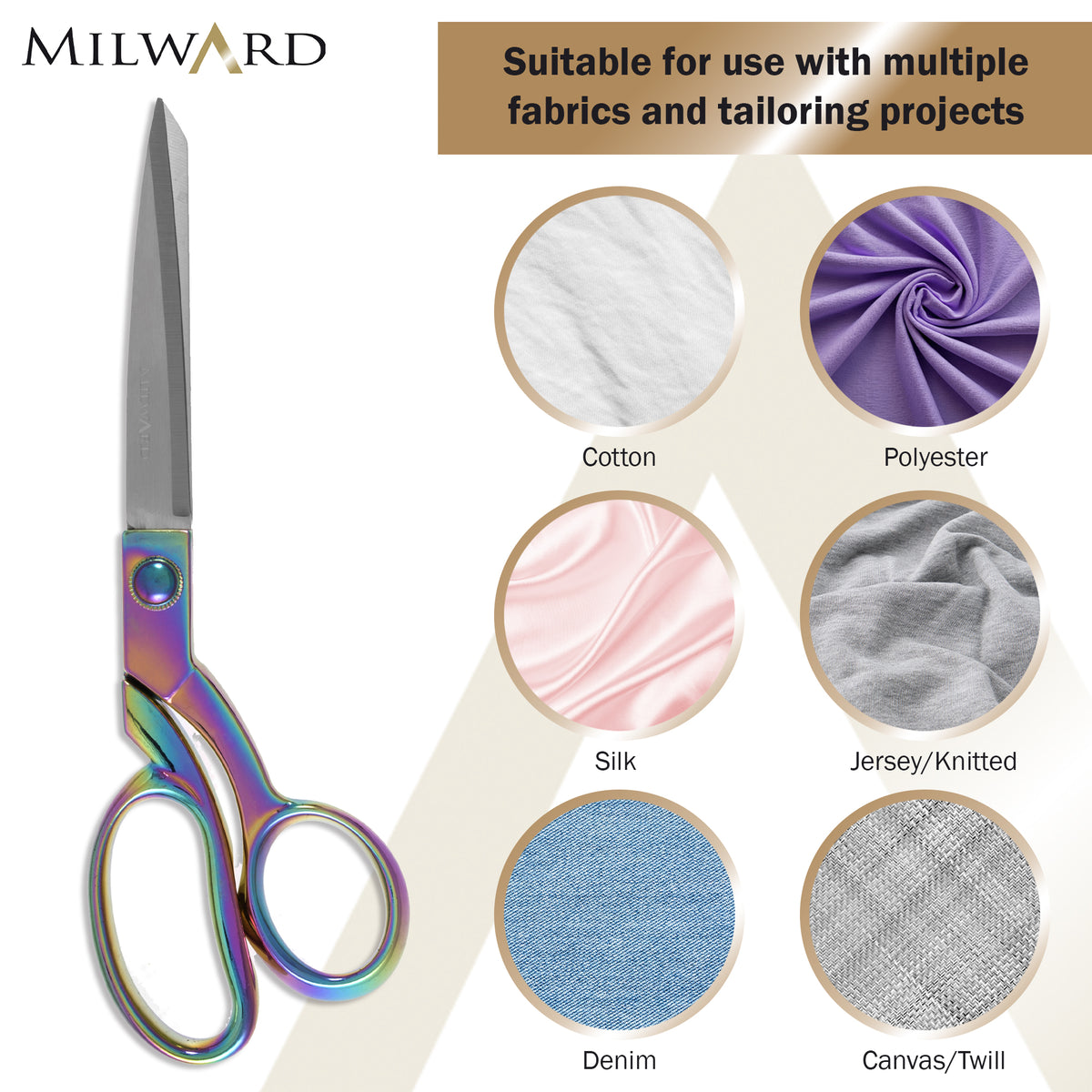 Rainbow finish dressmaking and embroidery scissors with thimble and pins