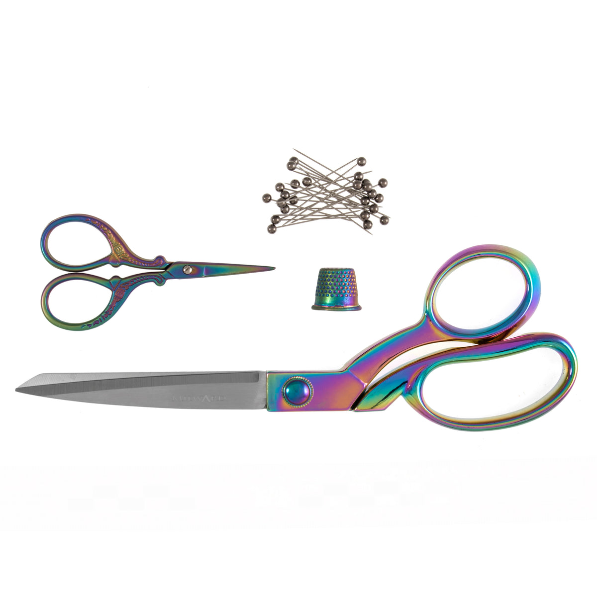 Rainbow finish dressmaking and embroidery scissors with thimble and pins