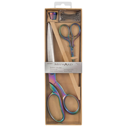 Rainbow finish dressmaking and embroidery scissors with thimble and pins