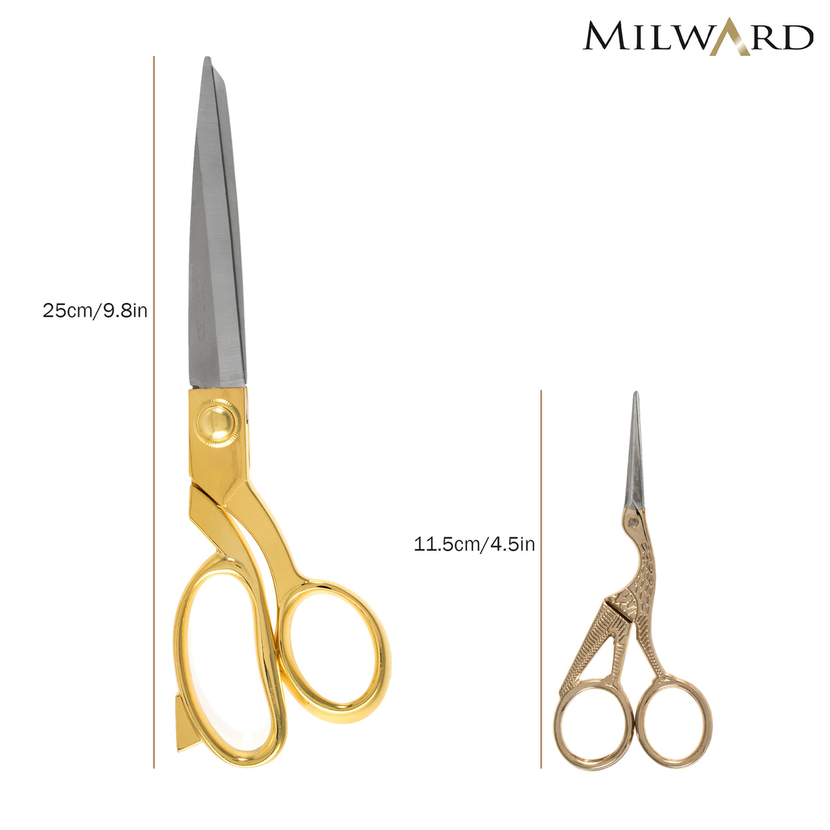 Gold handled dressmaking scissors and stork embroidery scissors