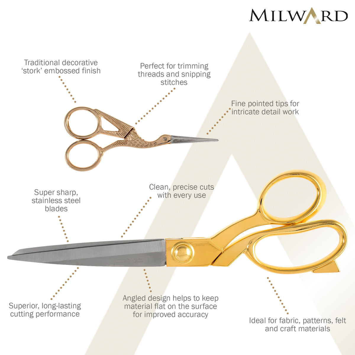 Gold handled dressmaking scissors and stork embroidery scissors