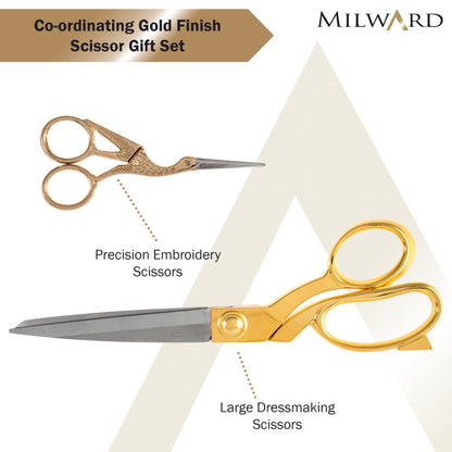 Gold handled dressmaking scissors and stork embroidery scissors