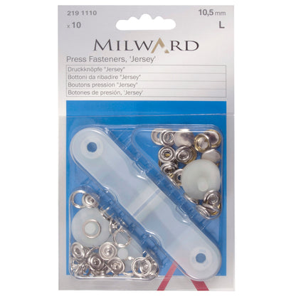 Pack of silver 10.5mm solid top snap fasteners with fitting tool
