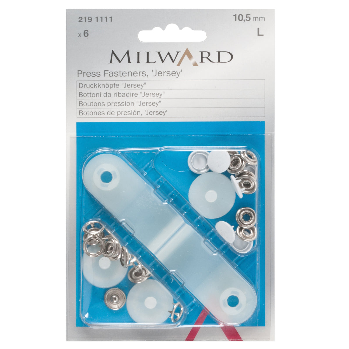 Pack of white 10.5mm solid top snap fasteners with fitting tool