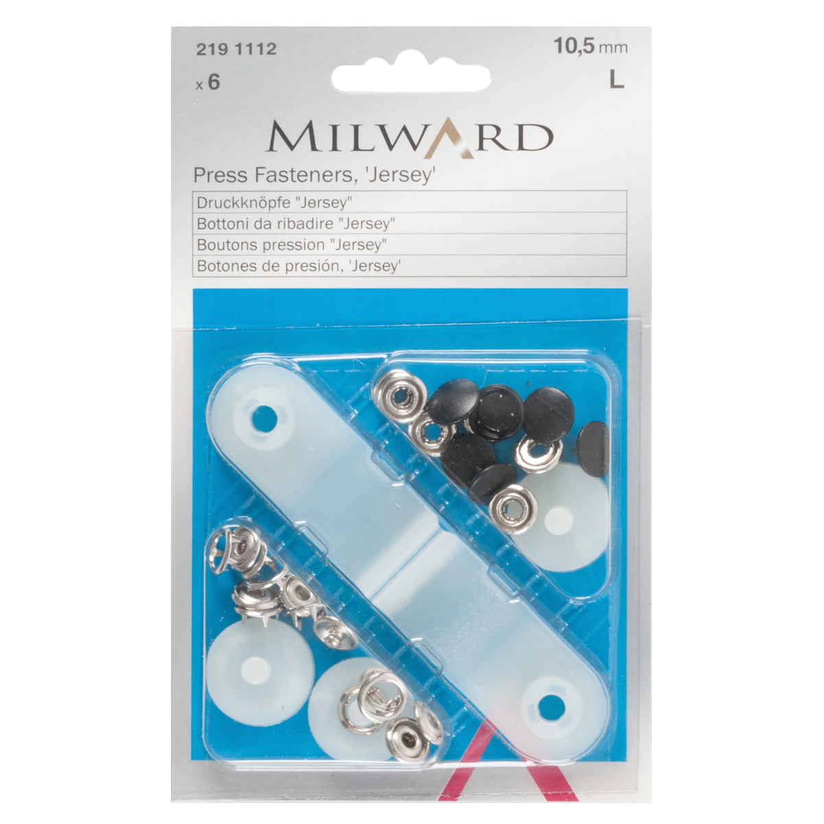 Pack of black 10.5mm solid top snap fasteners with fitting tool