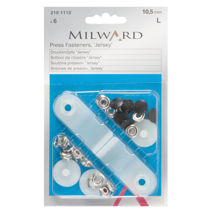 Pack of black 10.5mm solid top snap fasteners with fitting tool
