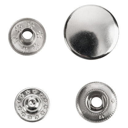 Pack of silver 15mm anorak snap fasteners with fitting tool
