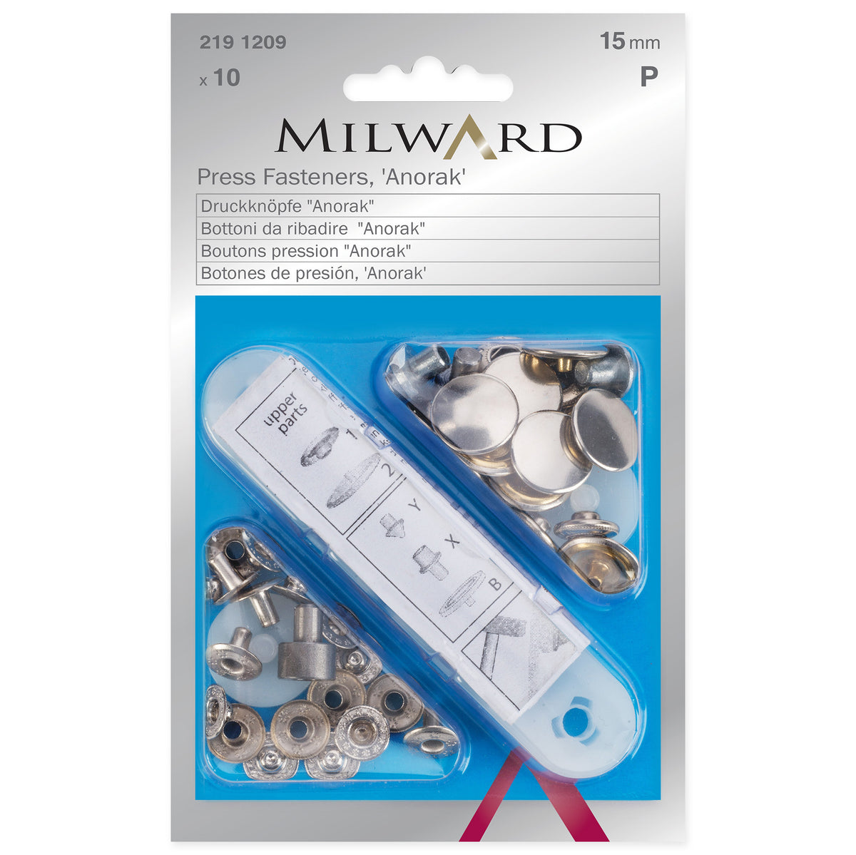 Pack of silver 15mm anorak snap fasteners with fitting tool