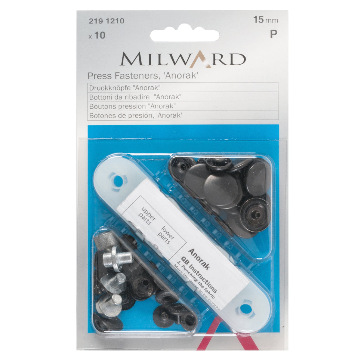Pack of black 15mm anorak snap fasteners with fitting tool