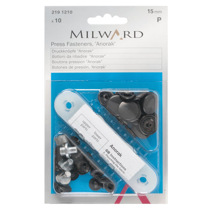 Pack of black 15mm anorak snap fasteners with fitting tool