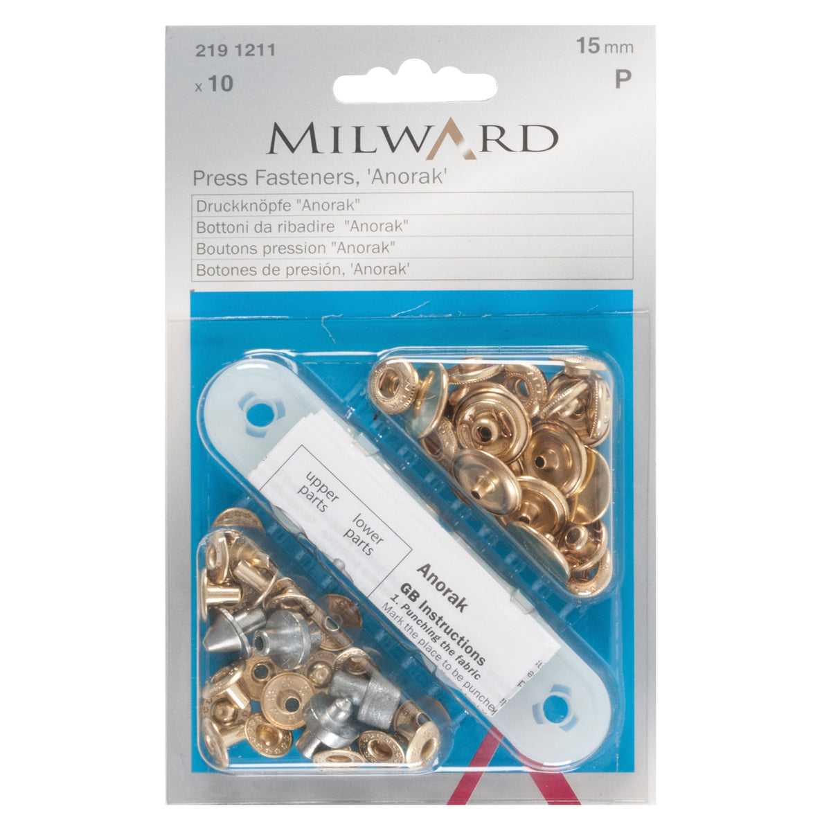 Pack of gold 15mm anorak snap fasteners with fitting tool