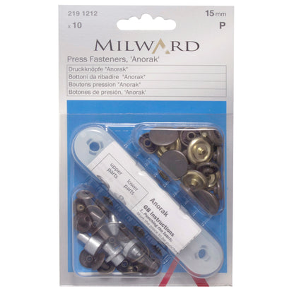 Milward 15mm antique brass anorak press fasteners on a card with fixing tool