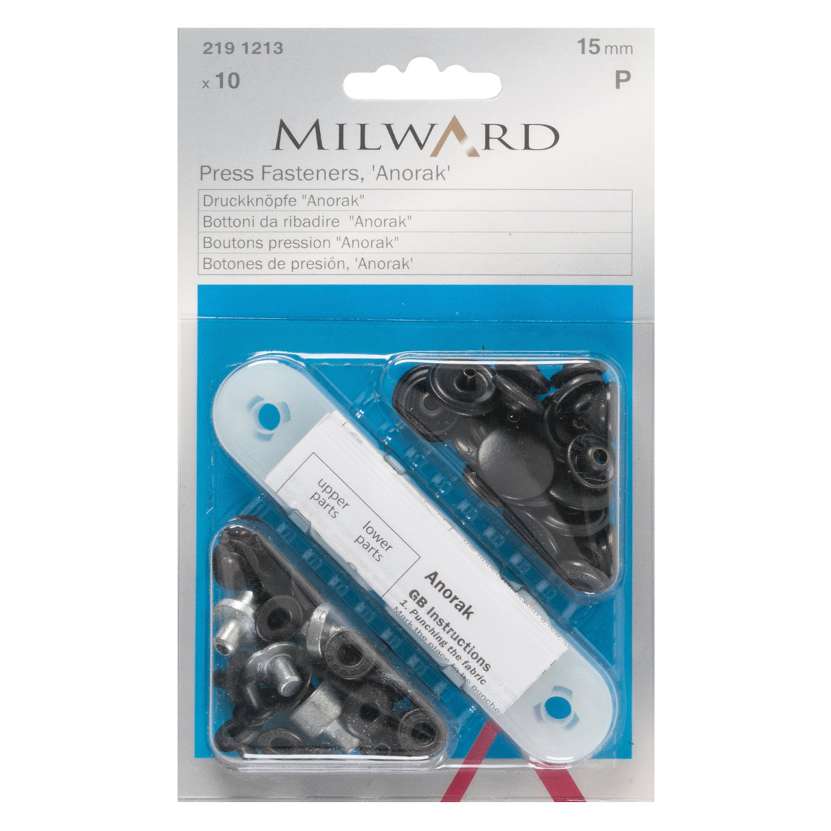 Milward 15mm black anorak press fasteners on a card with fixing tool