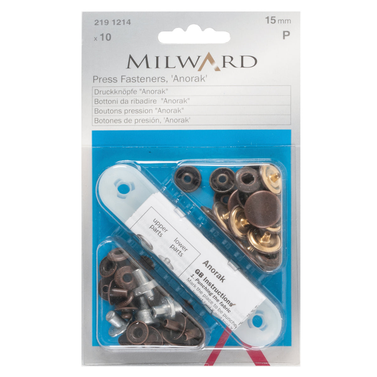 Milward 15mm antique copper anorak press fasteners on a card with fixing tool