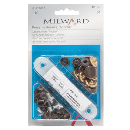 Milward 15mm antique copper anorak press fasteners on a card with fixing tool