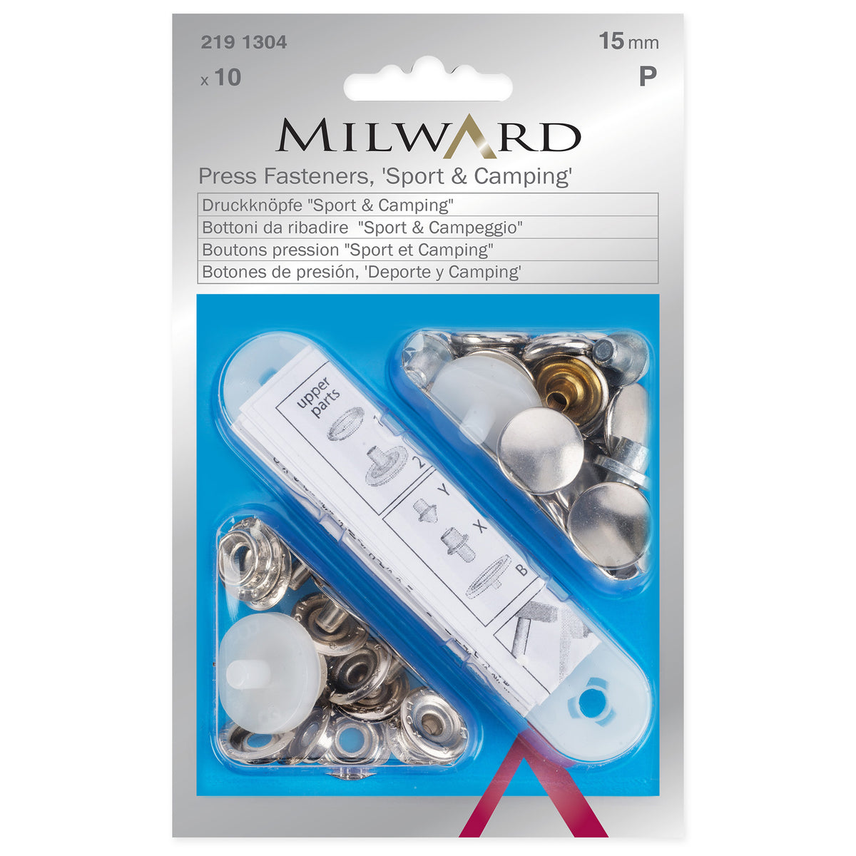 Milward 15mm silver yacht & caravan press fasteners on a card with fixing tool