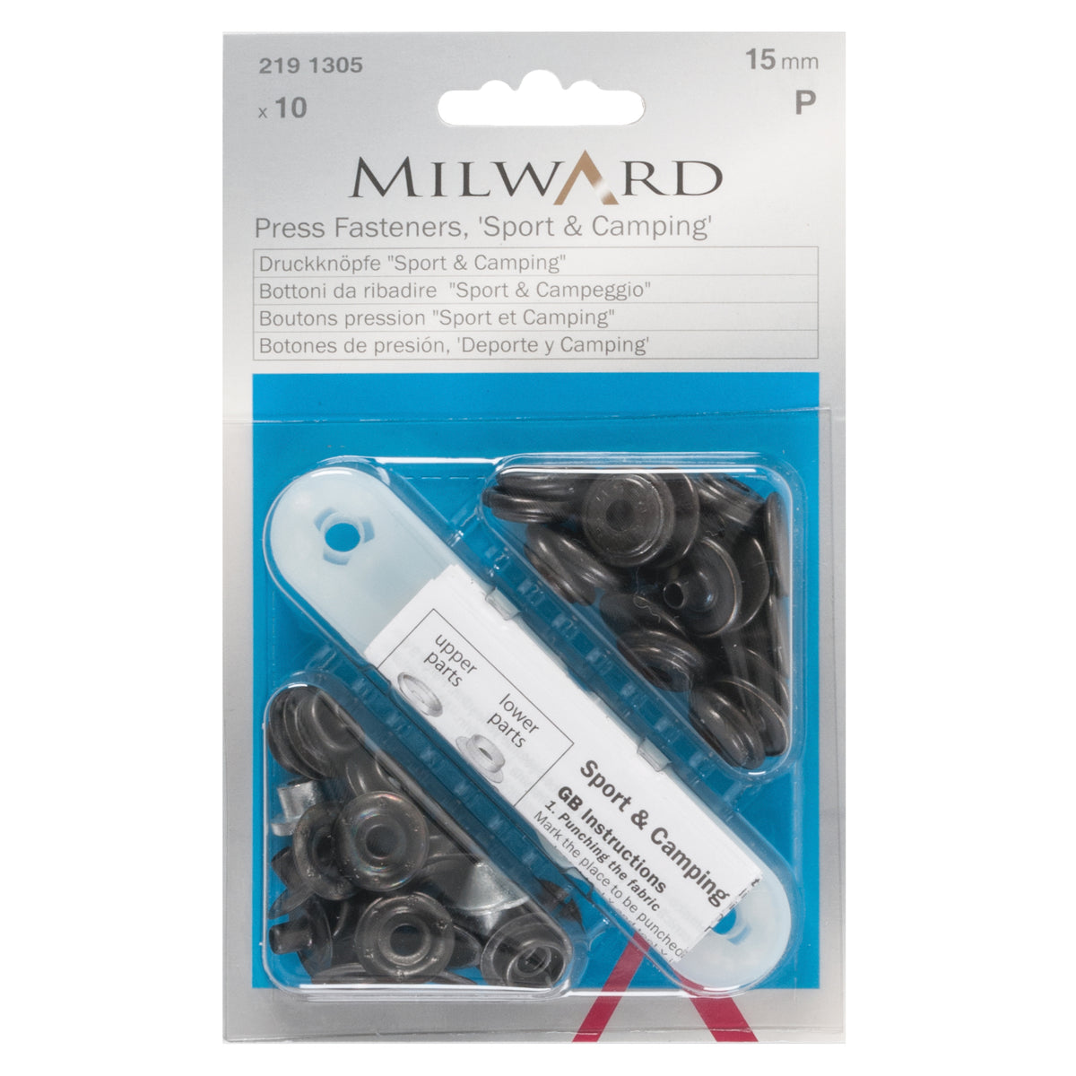 Milward 15mm black yacht & caravan press fasteners on a card with fixing tool
