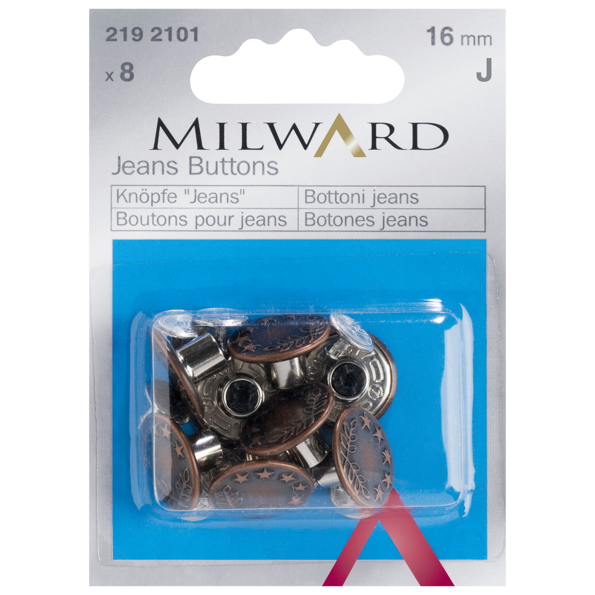 Milward 16mm copper jeans buttons in packaging with fixing tool