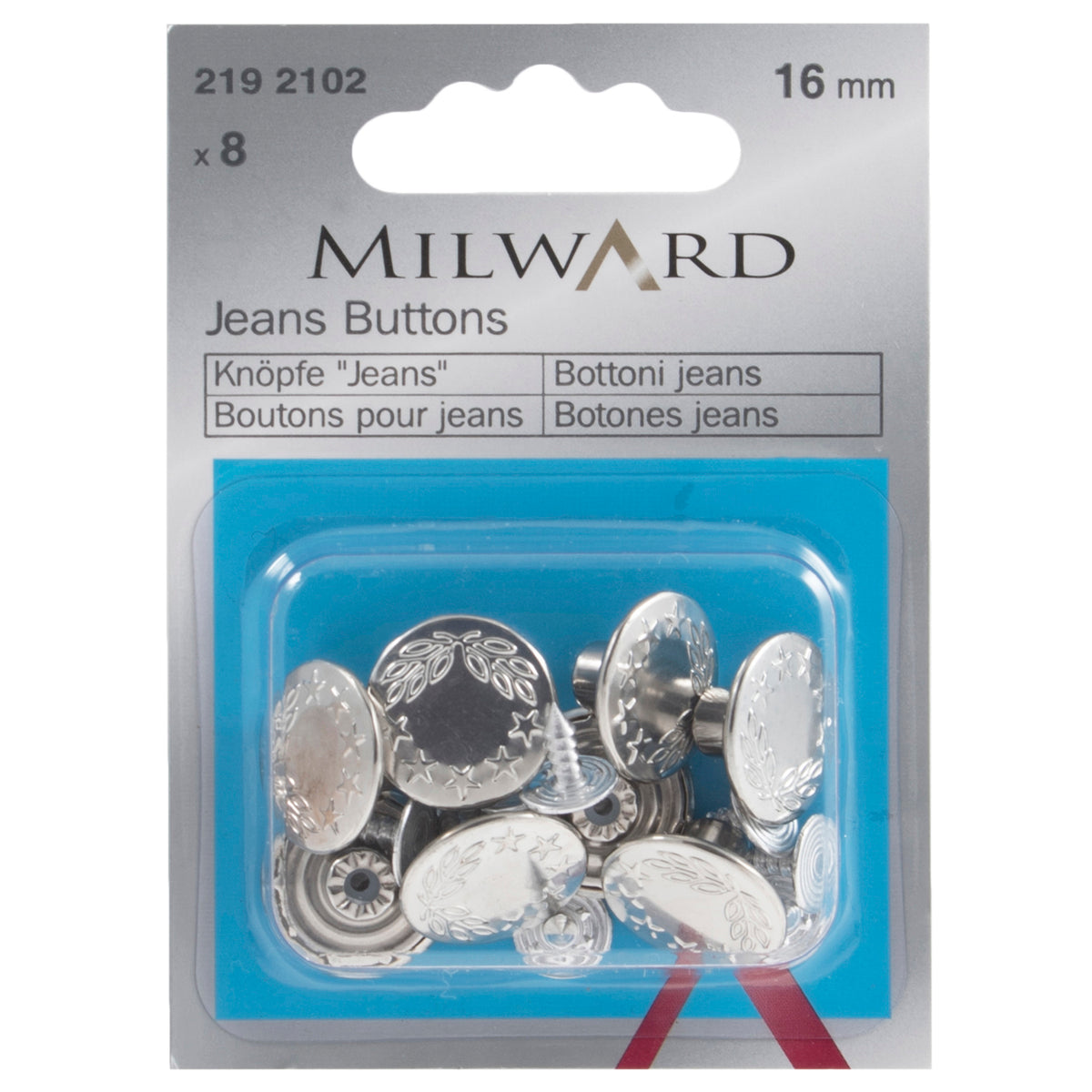 Milward 16mm nickel jeans buttons in packaging