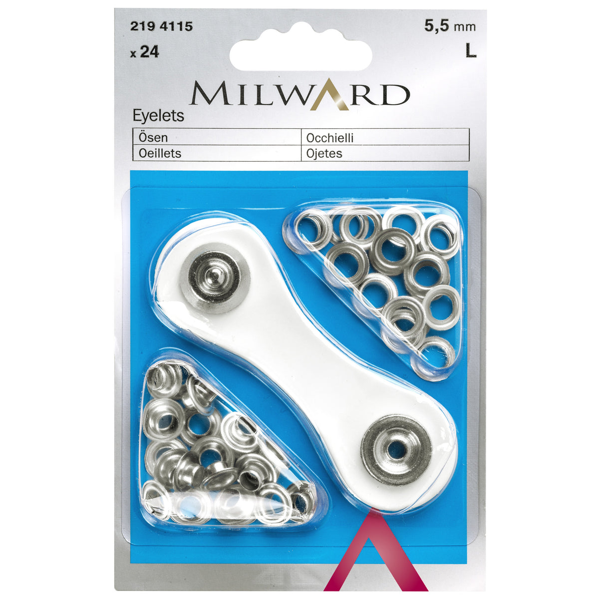 Milward 5.5mm silver brass eyelets in packaging with fixing tool