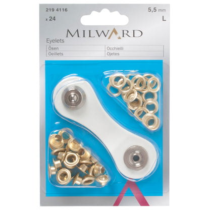 Milward 5.5mm gold brass eyelets in packaging with fixing tool