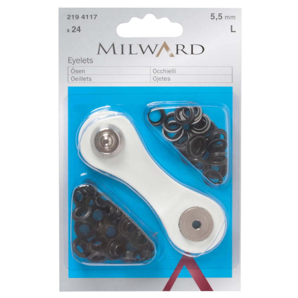 Milward 5.5mm black oxidised brass eyelets in packaging with fixing tool