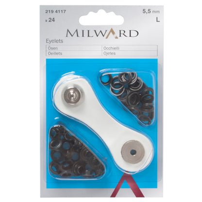 Milward 5.5mm black oxidised brass eyelets in packaging with fixing tool