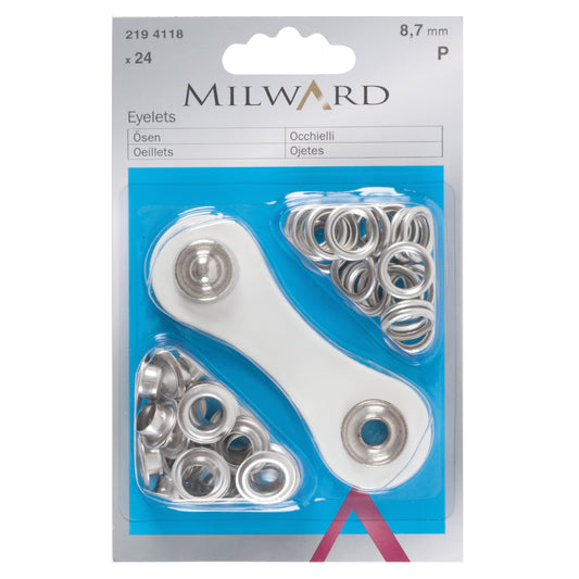 Milward 8.7mm silver brass eyelets in packaging with fixing tool