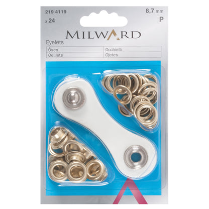 Milward 8.7mm gold brass eyelets in packaging with fixing tool