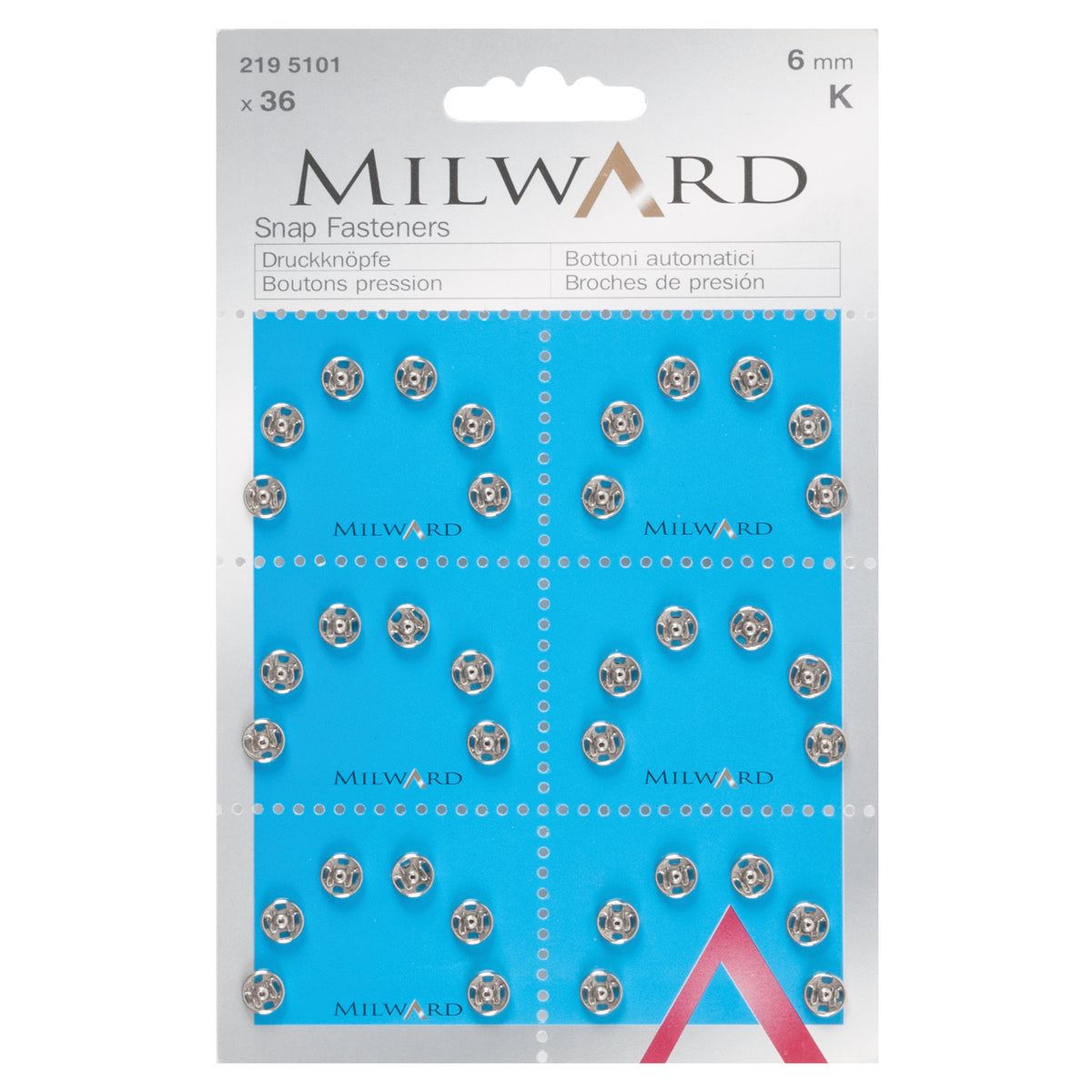 Card of silver 10.5mm sew-on snap fasteners