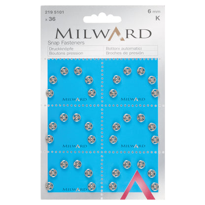 Card of silver 10.5mm sew-on snap fasteners