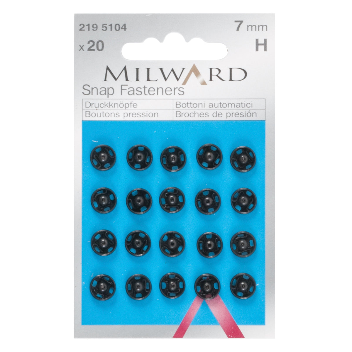 Card of black 7mm sew-on snap fasteners