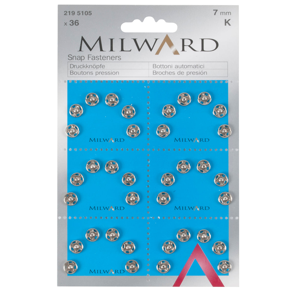 Card of silver 7mm sew-on snap fasteners