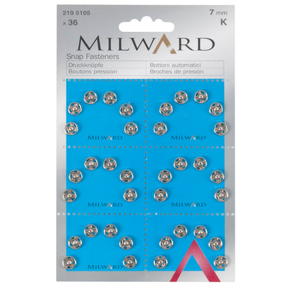 Card of silver 7mm sew-on snap fasteners