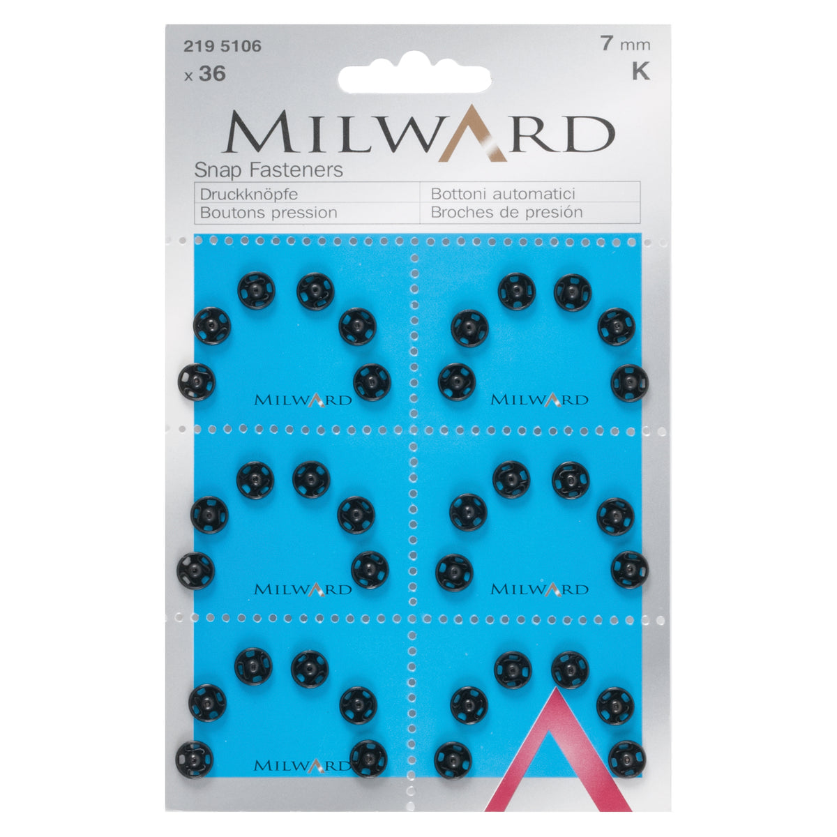 Card of black 7mm sew-on snap fasteners