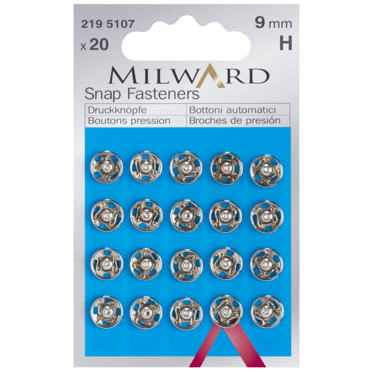 Card of silver 9mm sew-on snap fasteners