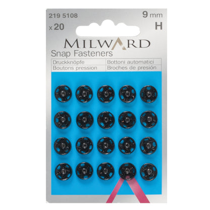Card of black 9mm sew-on snap fasteners