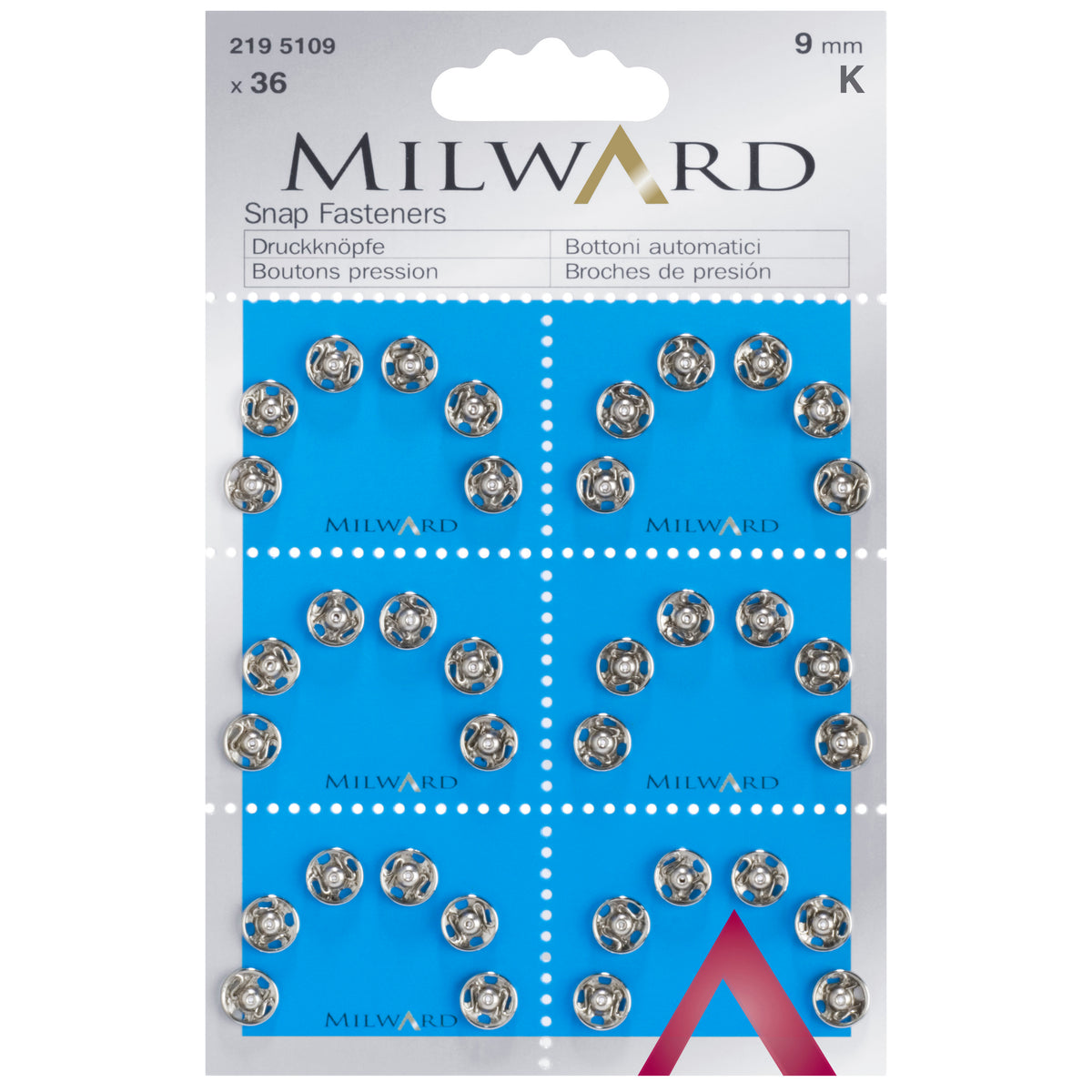 Card of silver 9mm sew-on snap fasteners