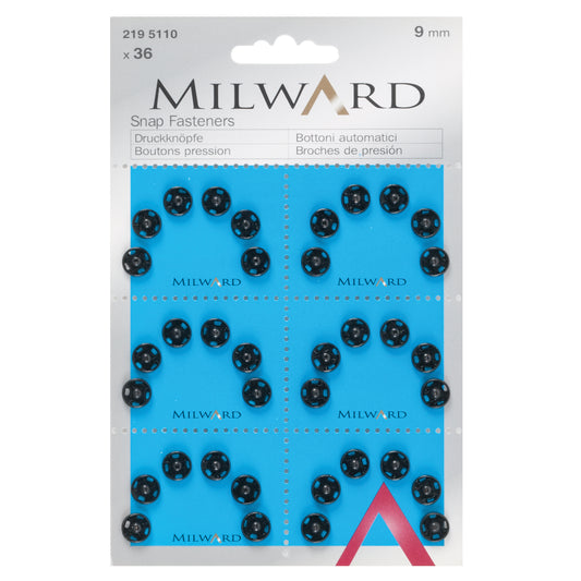 Card of black 9mm sew-on snap fasteners